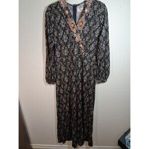 NWT Sheryl Crow Dress Woven Look Embroidered V-Neck Kaftan Maxi Black Sz Medium